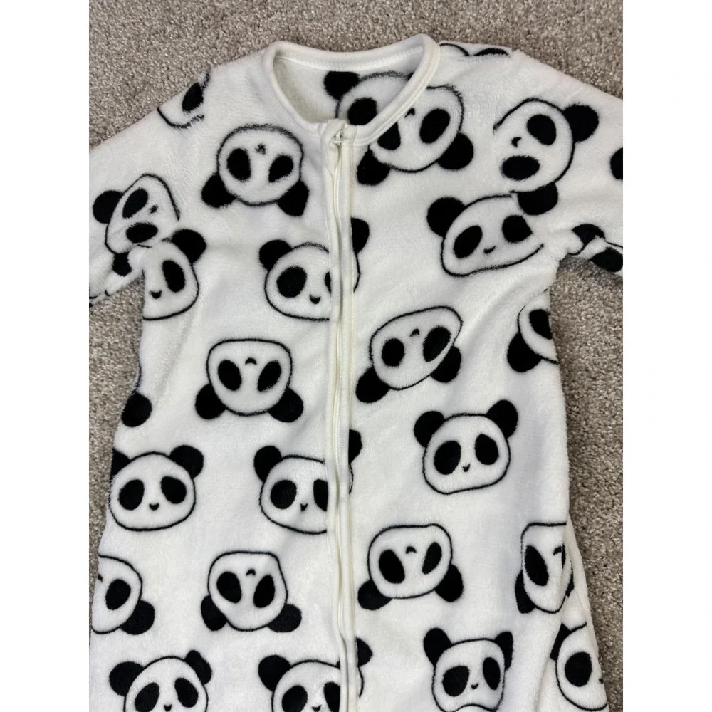 Black White Panda Print Fleece Baby Sleep Sack Long Sleeve Full Zip Pajamas